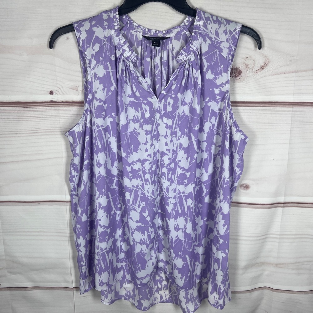 Simply Vera Wang Top Women XXL Purple Floral Sleeveless Pleated V-Neck Blouse